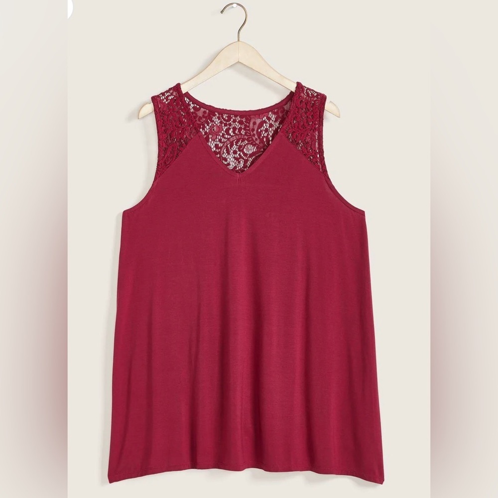 PENNINGTONS PLUS 2X In Every Story A-Line Tank Top Lace Yoke in Rumba Re…